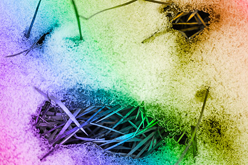 Grass Blade Face Pierces Through Melting Snow (Rainbow Tone Photo)