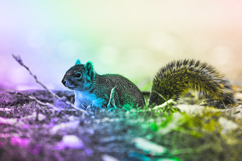 Grass Crouching Squirrel Beyond Broken Tree Branch (Rainbow Tone Photo)