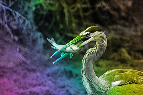 Great Blue Heron Clamps Trout Fish Between Beak (Rainbow Tone)