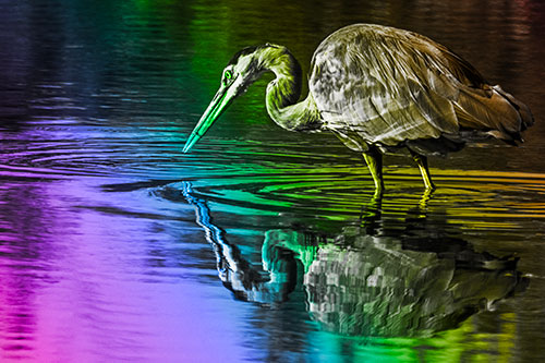 Great Blue Heron Snatches Pond Fish (Rainbow Tone Photo)