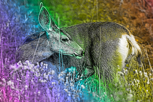 Grooming Mule Deer Bending Backwards Among Vegetation (Rainbow Tone)