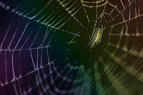 Hanging Orb Weaver Spider Perched Among Dew Covered Web (Rainbow Tone Photo)
