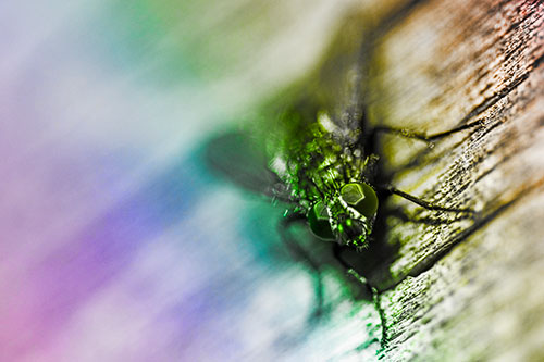 Happy Cluster Fly Enjoys Getting Suntan Among Cracked Wood (Rainbow Tone)
