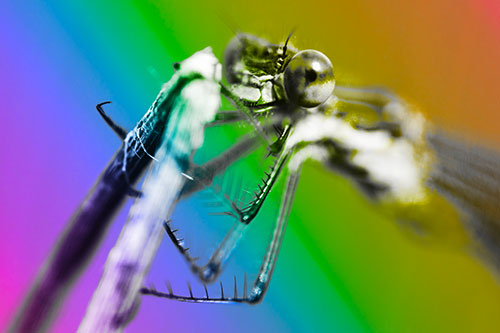Happy Faced Damselfly Clings Onto Broken Stick (Rainbow Tone)