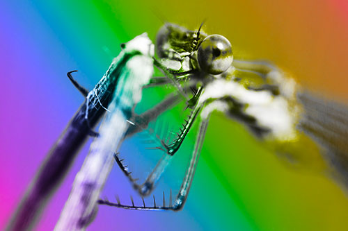 Happy Faced Dragonfly Clings Onto Broken Stick (Rainbow Tone Photo)