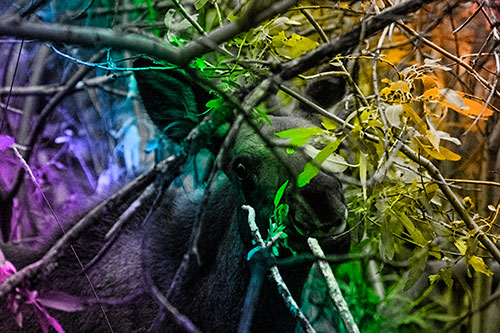 Happy Moose Smiling Behind Tree Branches (Rainbow Tone Photo)