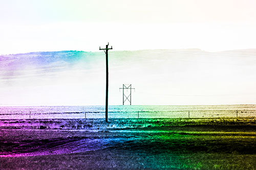 Heavy Fog Hiding Mountain Range Behind Powerlines (Rainbow Tone Photo)