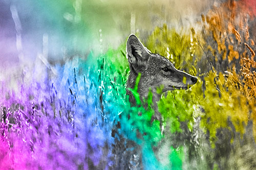 Hidden Coyote Watching Among Feather Reed Grass (Rainbow Tone Photo)