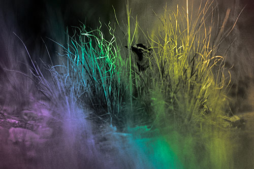 Horned Lark Hiding Among Grass (Rainbow Tone Photo)