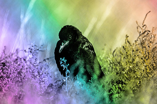 Hunched Over Raven Among Dying Plants (Rainbow Tone Photo)