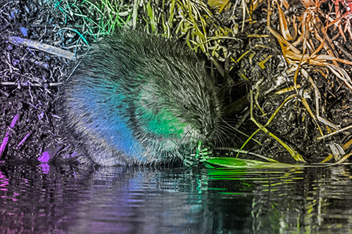 Hungry Muskrat Chews Water Reed Grass Along River Shore (Rainbow Tone Photo)