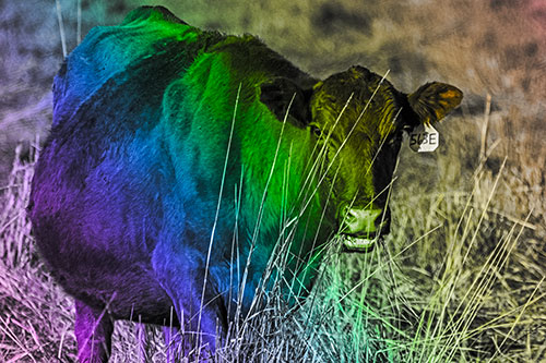 Hungry Open Mouthed Cow Enjoying Hay (Rainbow Tone Photo)