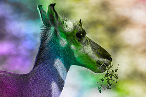 Hungry Pronghorn Gobbles Leafy Plant (Rainbow Tone Photo)