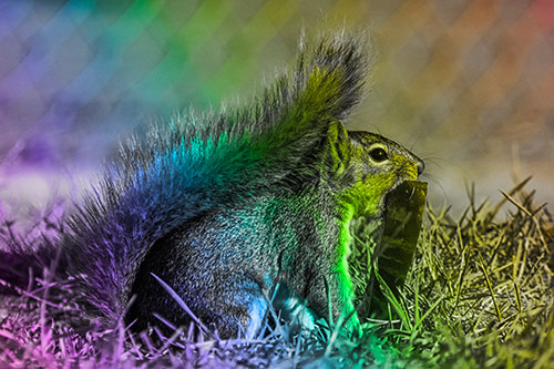 Hungry Squirrel Chews Watermelon Among Grass (Rainbow Tone)
