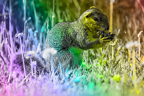 Hungry Squirrel Feasting Among Dandelions (Rainbow Tone Photo)