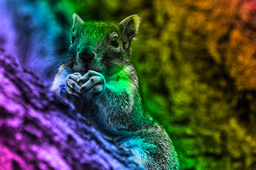 Hungry Squirrel Feasting Among Sloping Tree Branch (Rainbow Tone Photo)