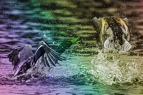 Hyper Water Splashing Mallard Ducks Playing Among Lake (Rainbow Tone)
