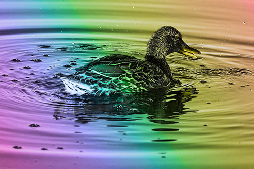 Joyful Water Splashing Mallard Duck Enjoying Calm Lake (Rainbow Tone)