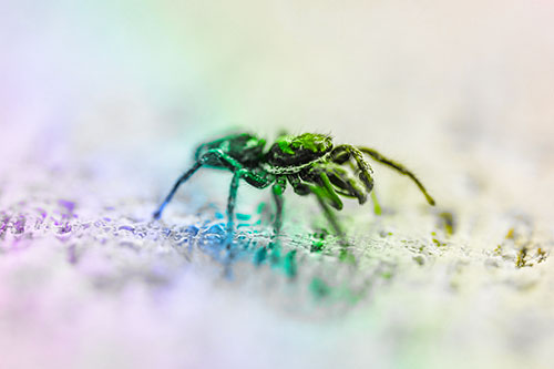 Jumping Spider Crawling Along Flat Terrain (Rainbow Tone Photo)