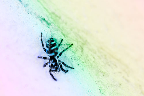 Jumping Spider Crawling Down Wood Surface (Rainbow Tone Photo)