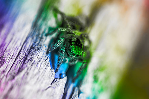 Jumping Spider Perched Among Wood Crevice (Rainbow Tone Photo)