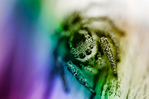 Jumping Spider Resting Atop Wood Stick (Rainbow Tone Photo)