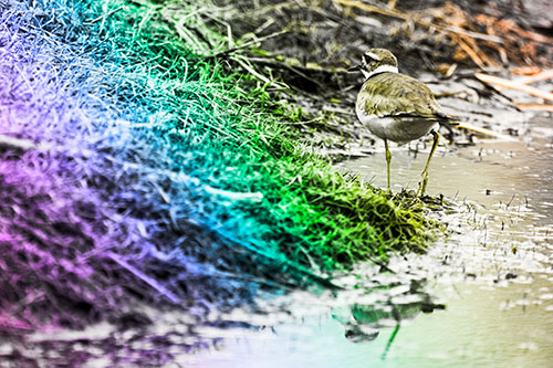 Killdeer Bird Turning Corner Around River Shoreline (Rainbow Tone Photo)
