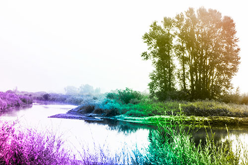 Large Foggy Trees At Edge Of River Bend (Rainbow Tone Photo)