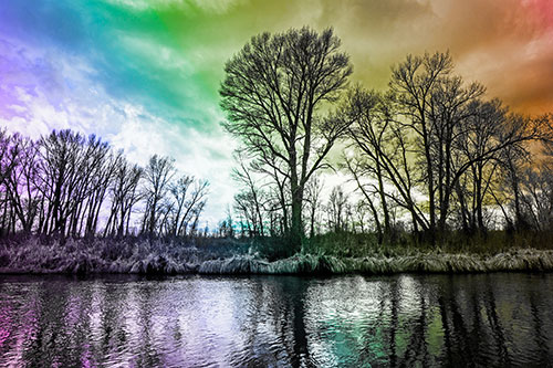 Leafless Trees Cast Reflections Along River Water (Rainbow Tone Photo)