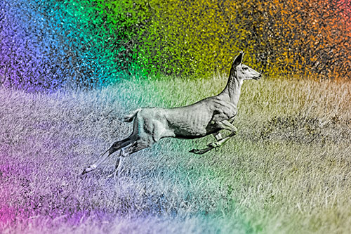 Leaping Mule Deer Running Across Grassland (Rainbow Tone)