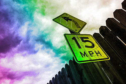 Left Turn Speed Limit Sign Beside Wooden Fence (Rainbow Tone Photo)