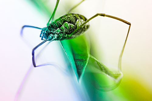 Leg Dangling Harvestmen Spider Sits Atop Leaf Petal (Rainbow Tone Photo)