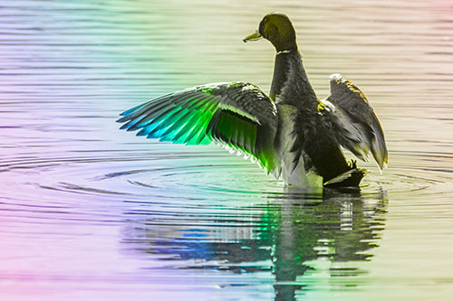 Mallard Duck Flaps Illuminated Wings Among Lake (Rainbow Tone)