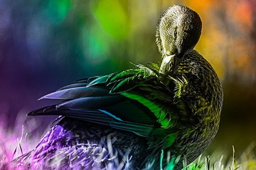 Mallard Duck Grooming Feathered Back (Rainbow Tone Photo)