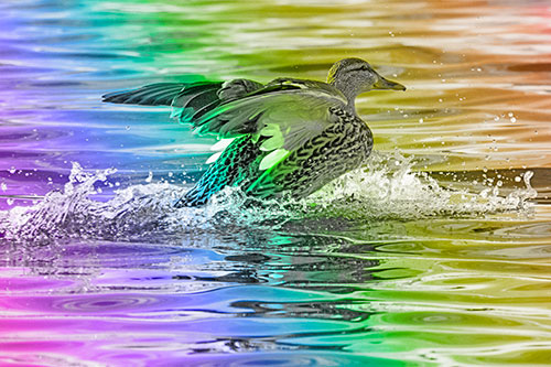 Mallard Duck Makes Splash Landing Atop Lake (Rainbow Tone)