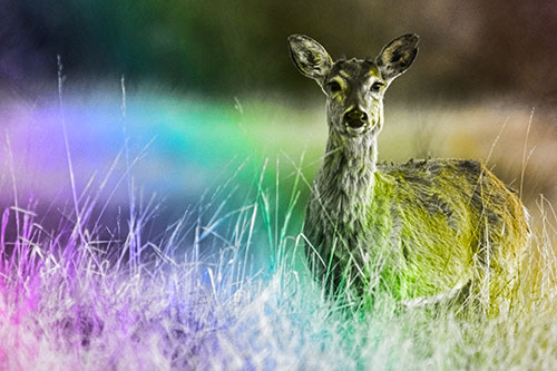 Motionless White Tailed Deer Watches Among Tall Grass (Rainbow Tone)