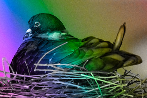 Nesting Pigeon Keeping Watch (Rainbow Tone Photo)