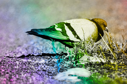 Observant Pigeon Scouring Among Dead Plants (Rainbow Tone)