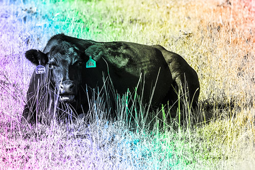 Open Mouthed Cow Resting On Grass (Rainbow Tone Photo)