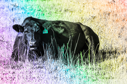 Open Mouthed Cow Resting On Grass (Rainbow Tone)
