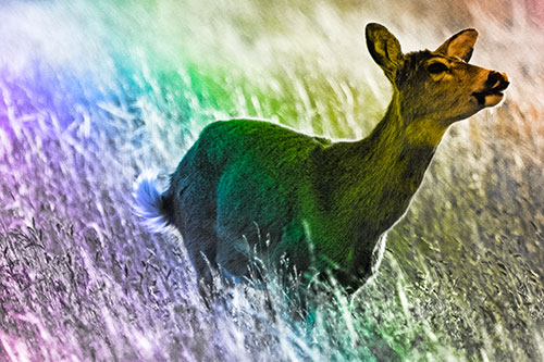 Open Mouthed White Tailed Deer Among Wheatgrass (Rainbow Tone Photo)