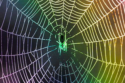 Orb Weaver Spider Rests Among Web Center (Rainbow Tone Photo)