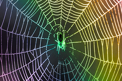 Orb Weaver Spider Rests Among Web Center (Rainbow Tone)