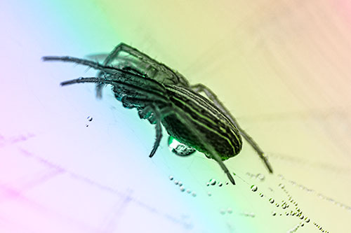 Orb Weaver Spider Rests Atop Dewdrop Web (Rainbow Tone Photo)