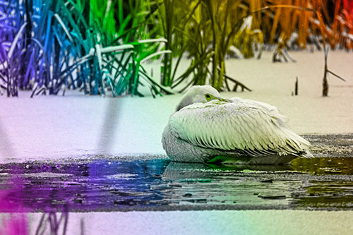 Pelican Resting Atop Ice Frozen Lake (Rainbow Tone Photo)
