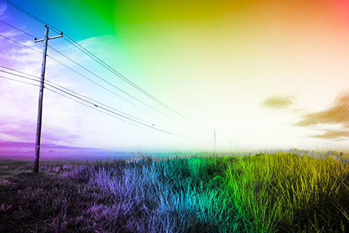 Powerlines Descend Among Foggy Prairie (Rainbow Tone Photo)