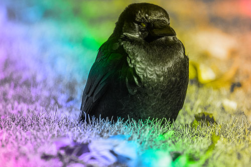 Puffy Crow Standing Guard Among Leaf Covered Grass (Rainbow Tone Photo)
