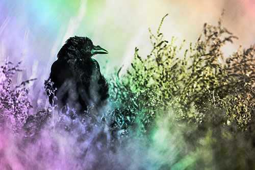 Raven Glancing Sideways Among Plants (Rainbow Tone Photo)