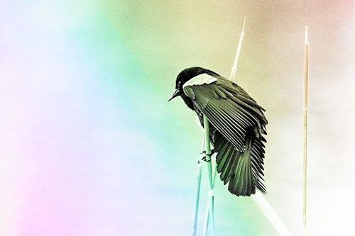Red Winged Blackbird Clasping Onto Sticks (Rainbow Tone Photo)