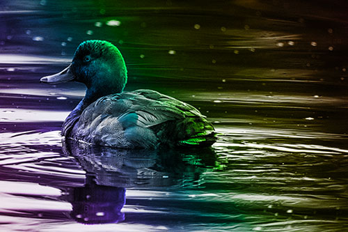 Redhead Duck Floating Atop Lake Water (Rainbow Tone Photo)